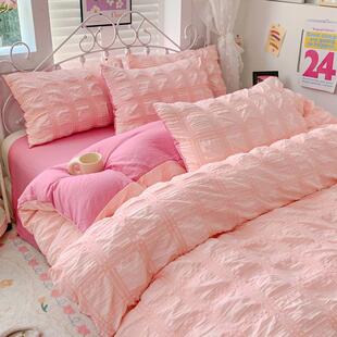 2025新款 四件套泡泡纱纯色双拼被套床单学生宿舍三件套玫红床品4