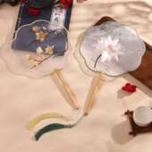 异形半透明古风刺绣花长柄团扇荷花圆形扇子玉兰八瓣汉服舞蹈道具