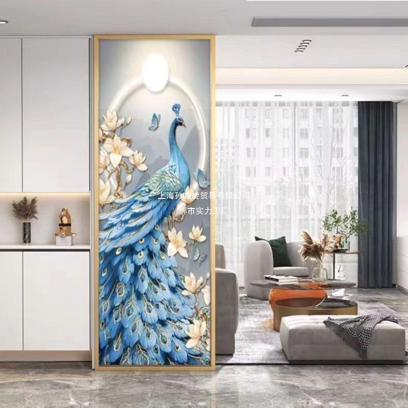 艺术画钢化玻璃屏风客厅玄关隔断餐厅卧室遮挡孔雀动物图墙彩画