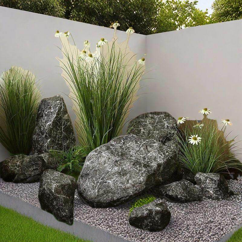 彷真黑山石玻璃钢摆件庭院假石头造景道具园林景观石橱窗组合套装