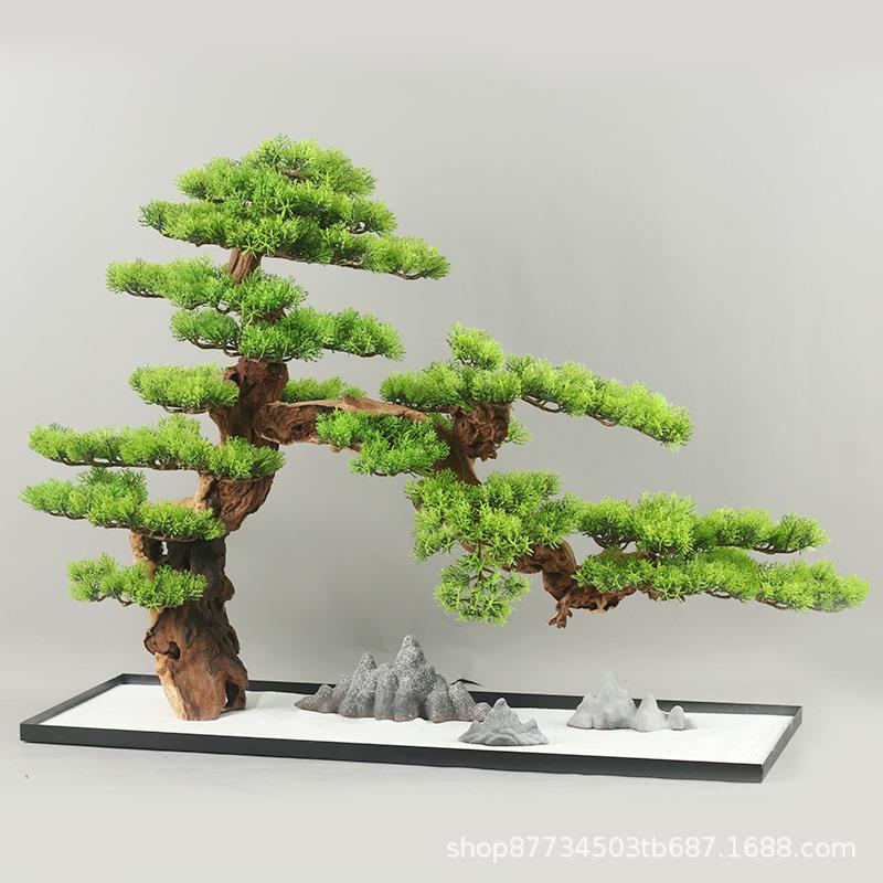 新中式仿真禅意迎客松玄关桌客厅茶室茶楼装饰品日式绿植盆景摆件