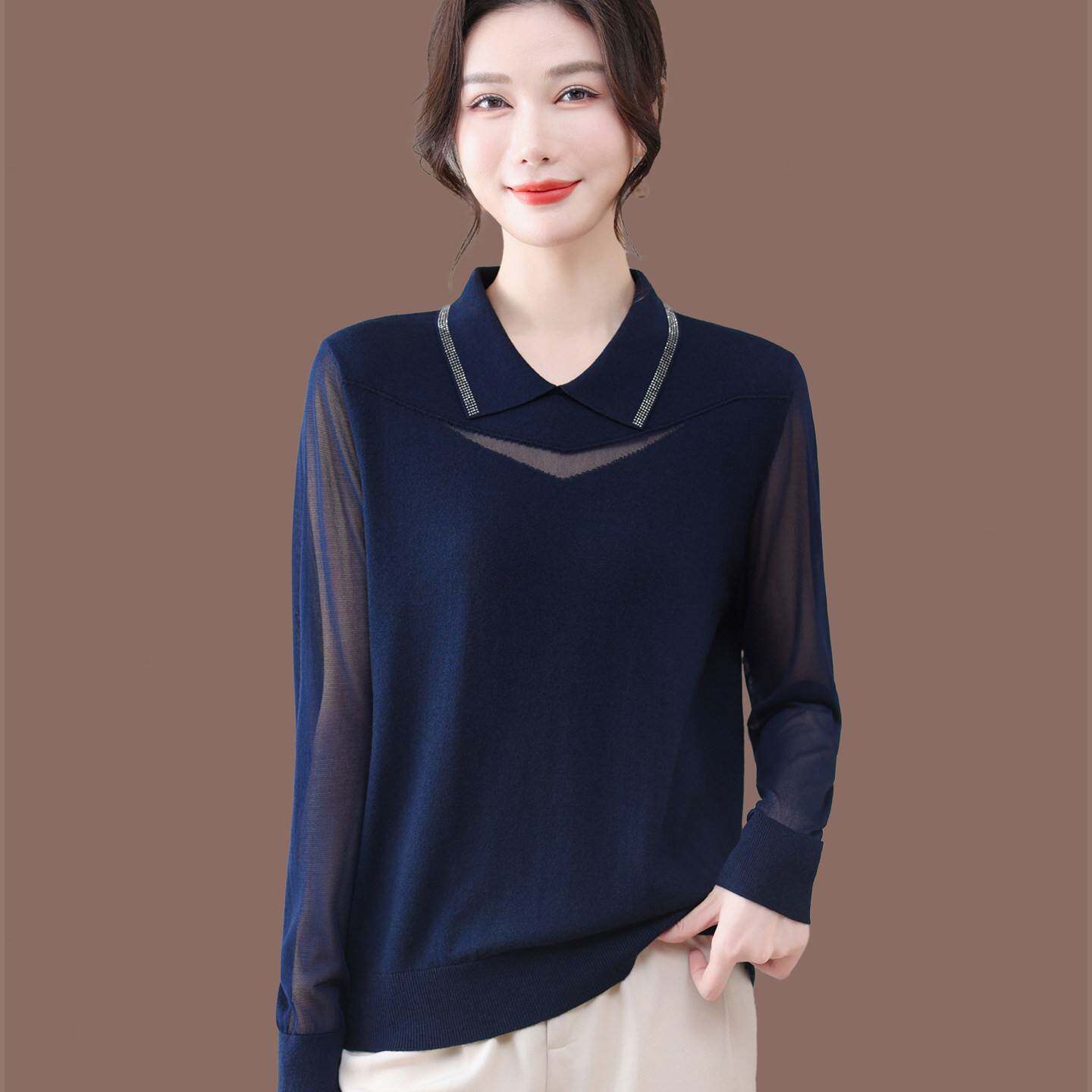 2026新款春季大码薄款冰丝针织衫女遮肚显瘦纱袖上衣高级感打底衫