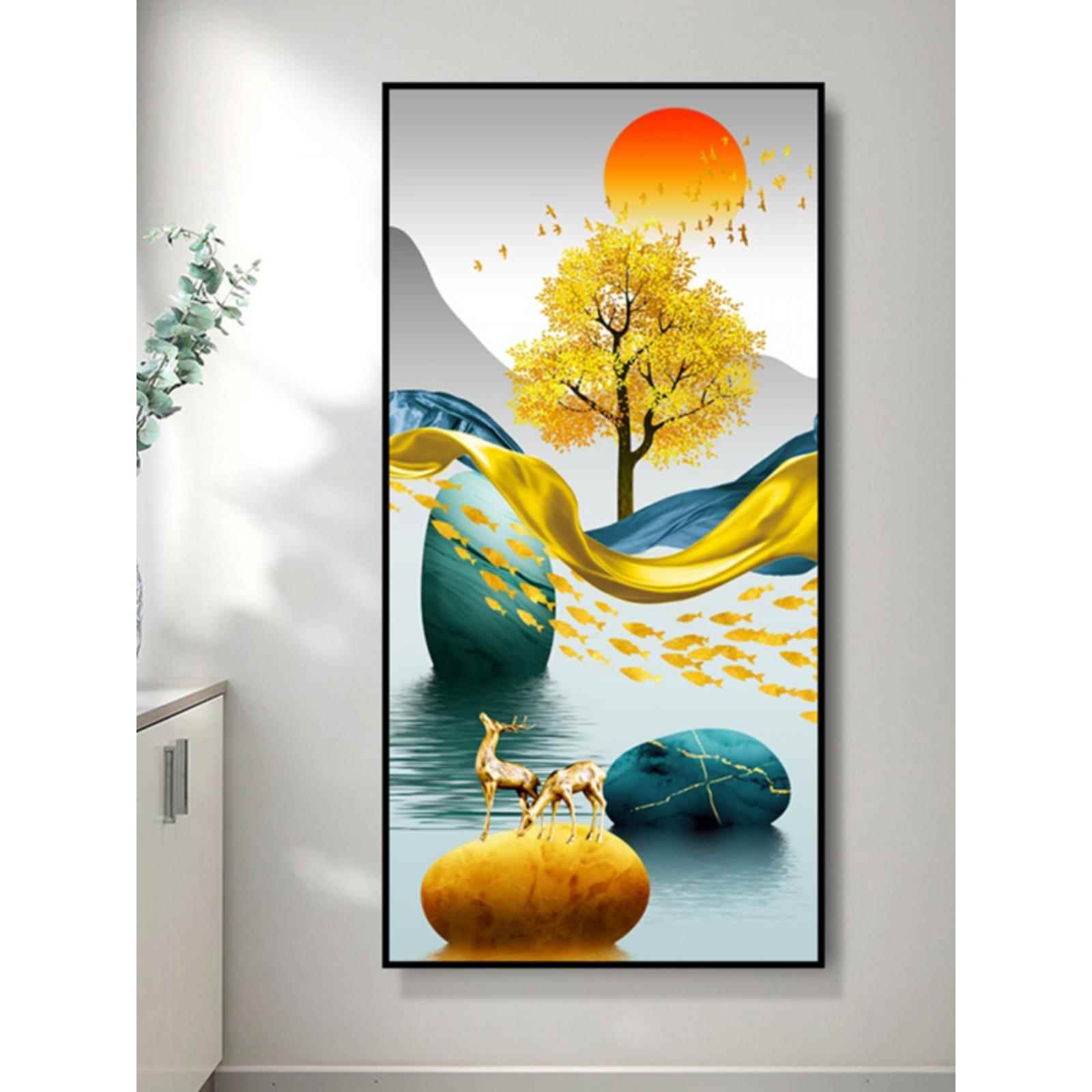 入户迎门玄关装饰晶瓷画竖版走廊过道玄幻壁画8D客厅麋鹿大气挂画