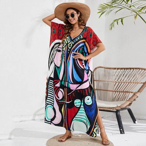 All Over Print Batwing Sleeve V Neck Maxi Dress Moo Moo