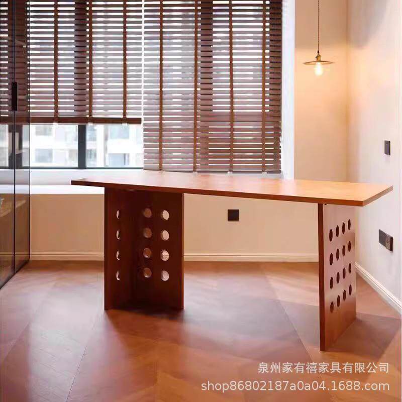 中古风实木书桌创意洞洞餐桌北欧设计师电脑桌原木艺术茶桌办公桌