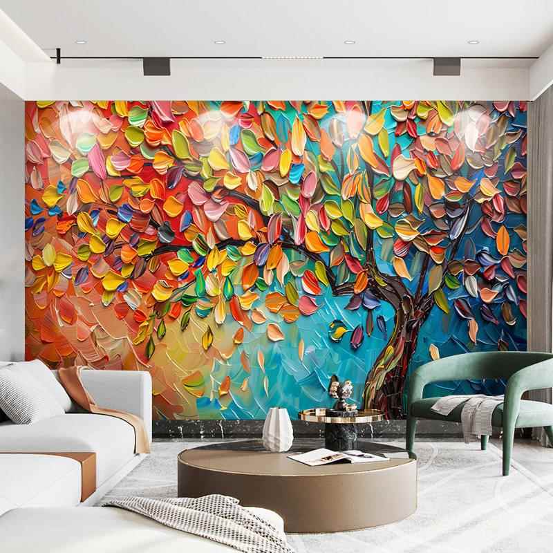 电视背景墙壁纸3d立体发财树墙布别墅酒店大厅风景画 画定制壁纸