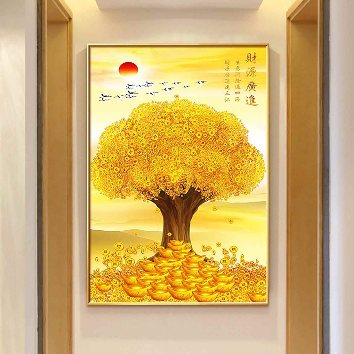 新中式玄关装饰画轻奢现代高档入户门正对墙挂画发财树壁画摇钱树