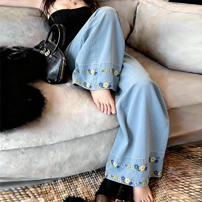 潮牌蓝色提花牛仔阔腿裤子女时尚新款高级感宽松慵懒松弛休闲长裤