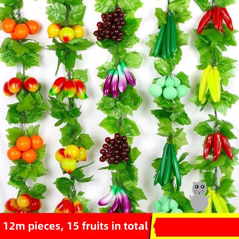墙面挂饰绿植仿真水果藤条蔬菜店吊顶装饰葡萄叶塑料管道缠绕遮挡