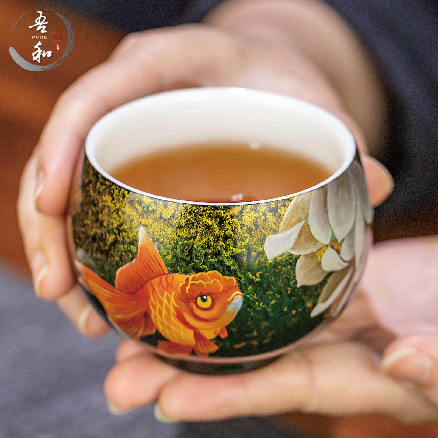 吾和漆器茶具福州非遗大漆手绘金鱼荷花罗汉杯蝴蝶牡丹白瓷主人杯