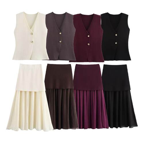 Women's collar gold knitted vest+pleated skirt set