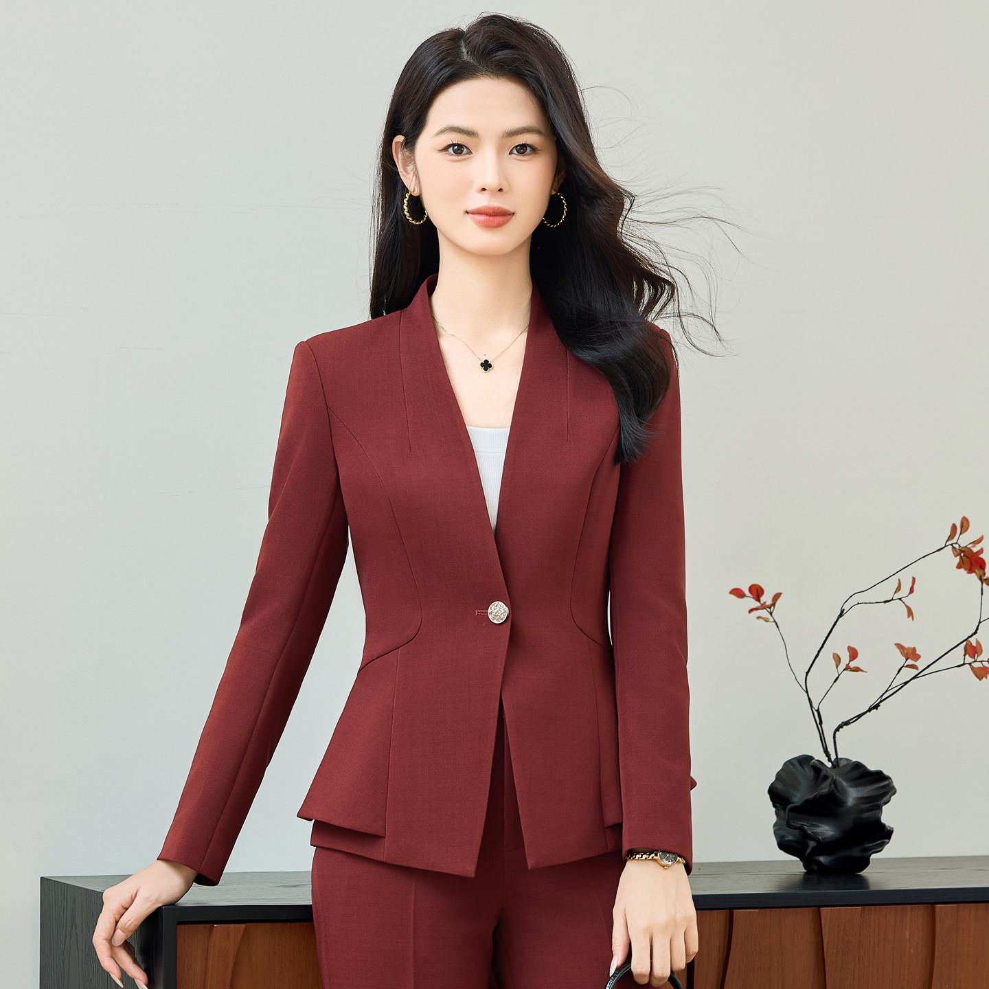 酒红色职业西装套装女秋冬气质主持人正装美容院珠宝店前台工作服