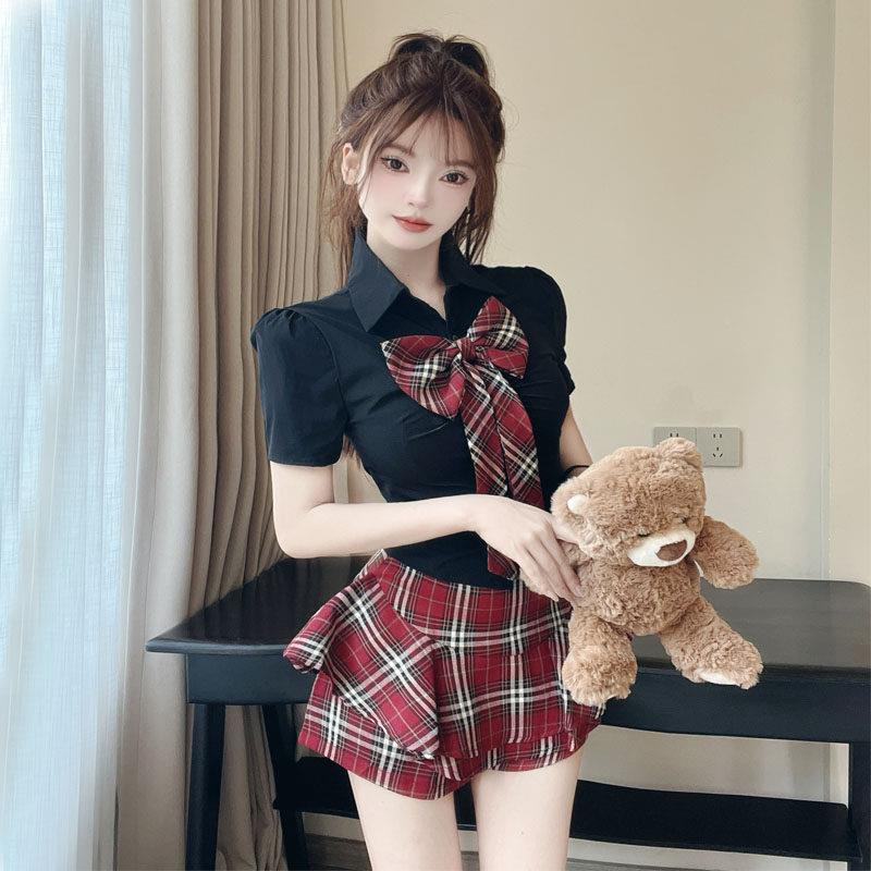 足浴技师工作服学院风辣妹制服套装蝴蝶结衬衫高腰格子裙两件套