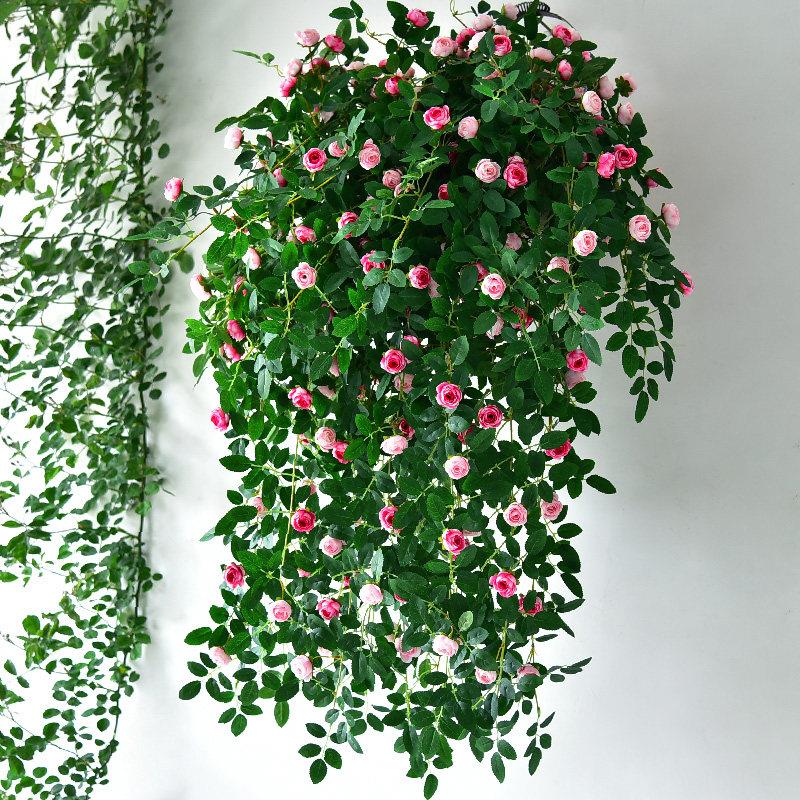 彷真玫瑰花藤吊兰绿植塑料假花藤条装饰室内摆设垂吊花墙壁挂植物