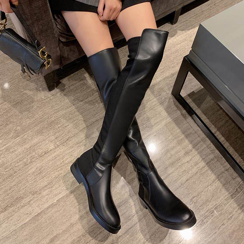 香港女式长靴2025春秋季新款容易搭配过膝松紧带修身腿高跟真皮平