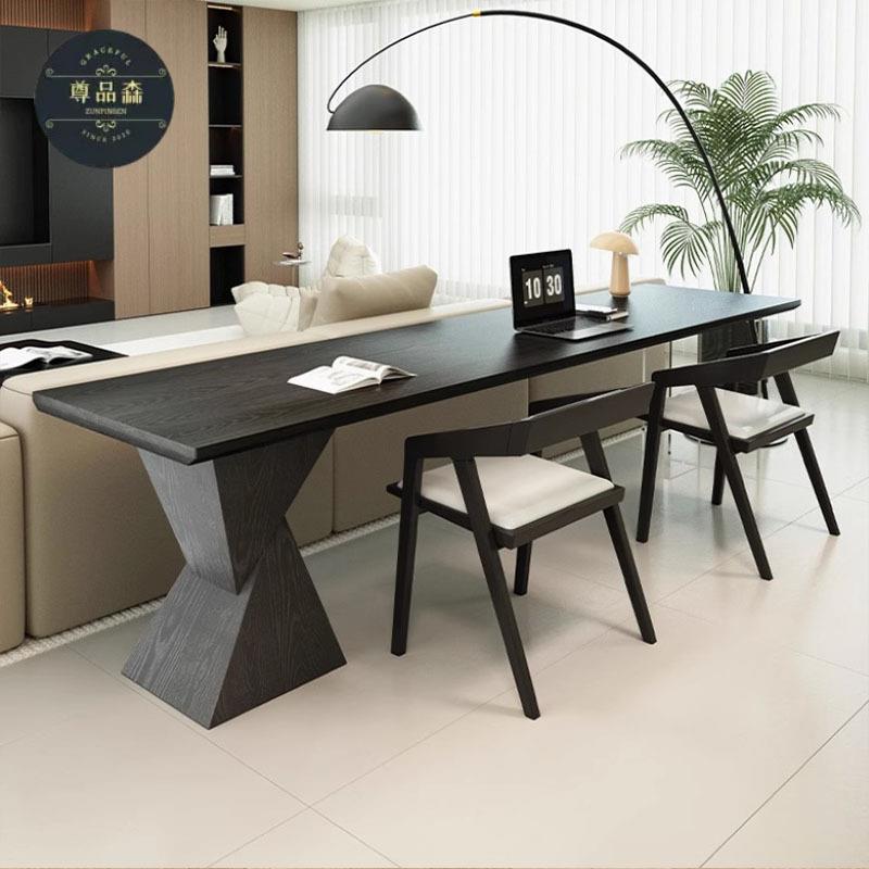 家用客厅意式极简书桌双人学习桌横厅沙发后长条桌黑色全实木书桌