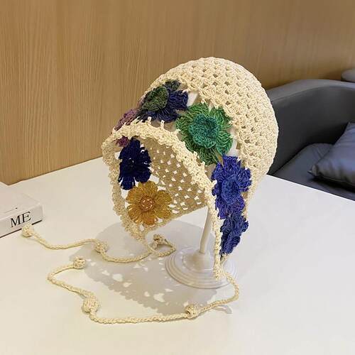 帽子新款手工钩花流苏套头帽女日系镂空透气针织包头帽彩色1010d