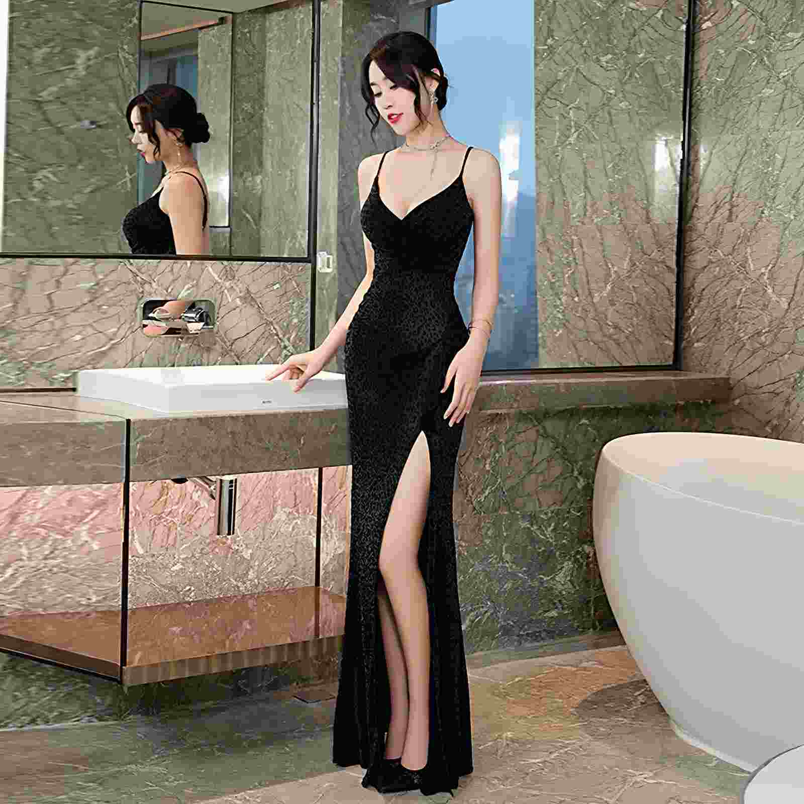 性感洋装女足浴按摩技师工作服晚礼服透纱长裙夜场工衣