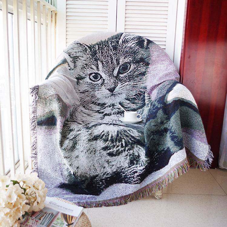可爱呆萌猫咪人沙发套沙发巾全盖装饰毯子黑白风线毯休闲搭毯