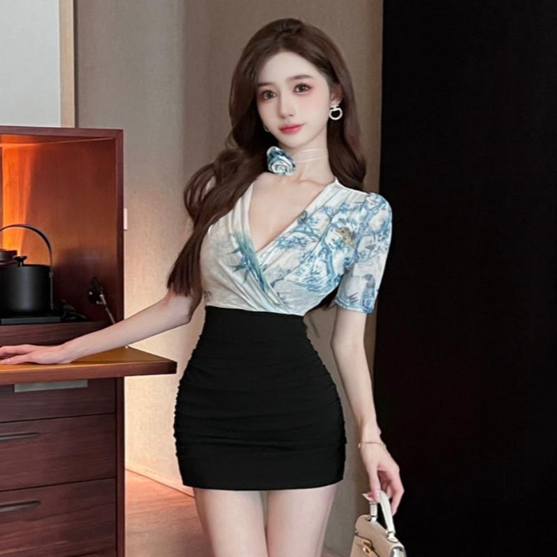 夜场沐足按摩工作服领性感短袖连衣裙女网纱印花短裙足浴技师服