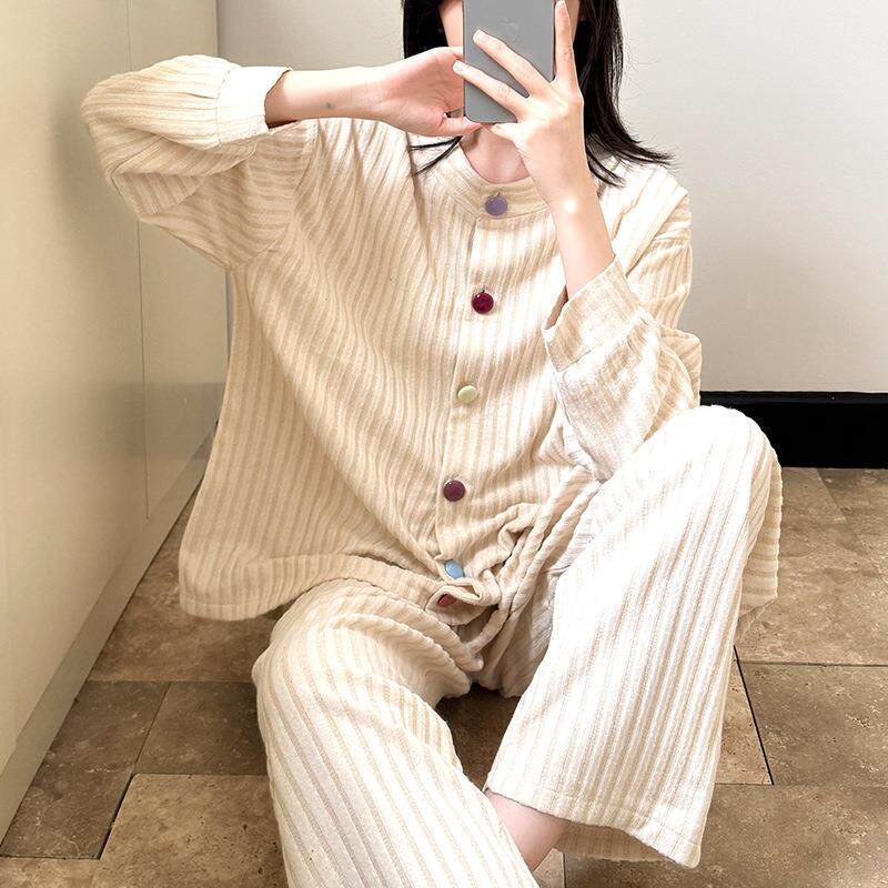 绵羊绒睡衣女款秋冬季韩版休闲开衫长袖套装简约保暖家居服可外穿