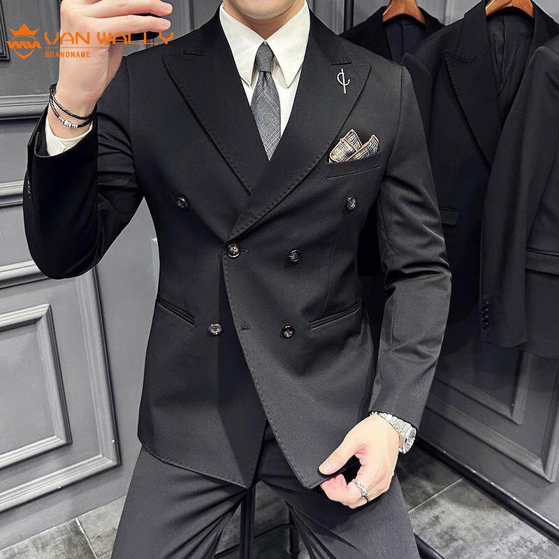 2025秋季新品男士西装三件套高级感戗驳领双排扣西服套装礼服