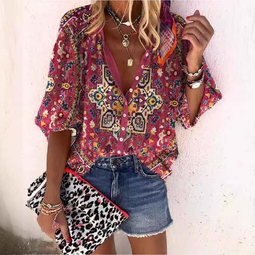 All Over Paisley Floral Print Button Front Blouse Going Out