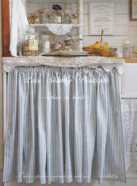 LACESHABBY治愈系法式复古风格蓝色条纹棉麻窗幔遮挡帘子窗帘门帘