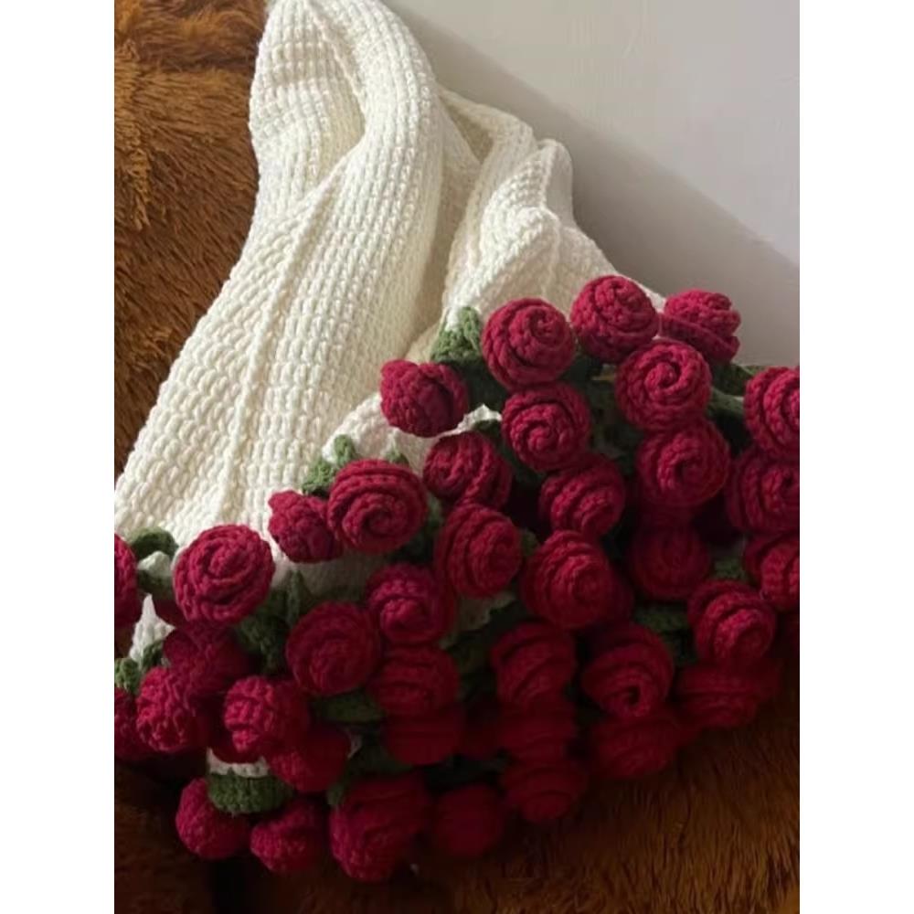 秋季玫瑰花毯子材料包毛毯花束diy朵钩织毛