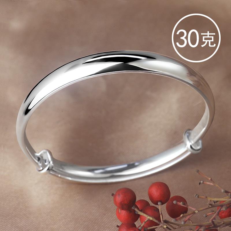 高档999银手镯女实年轻款宽手面饰光面心手推拉纯银镯子送镯妈妈