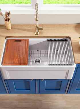 美式陶瓷单水槽前置半嵌入覆古纯Fireclay厨房洗菜洗衣盆大号水槽