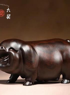 黑檀木雕福猪摆件实木质十二生肖猪一对家居客厅寓意装饰工艺礼品