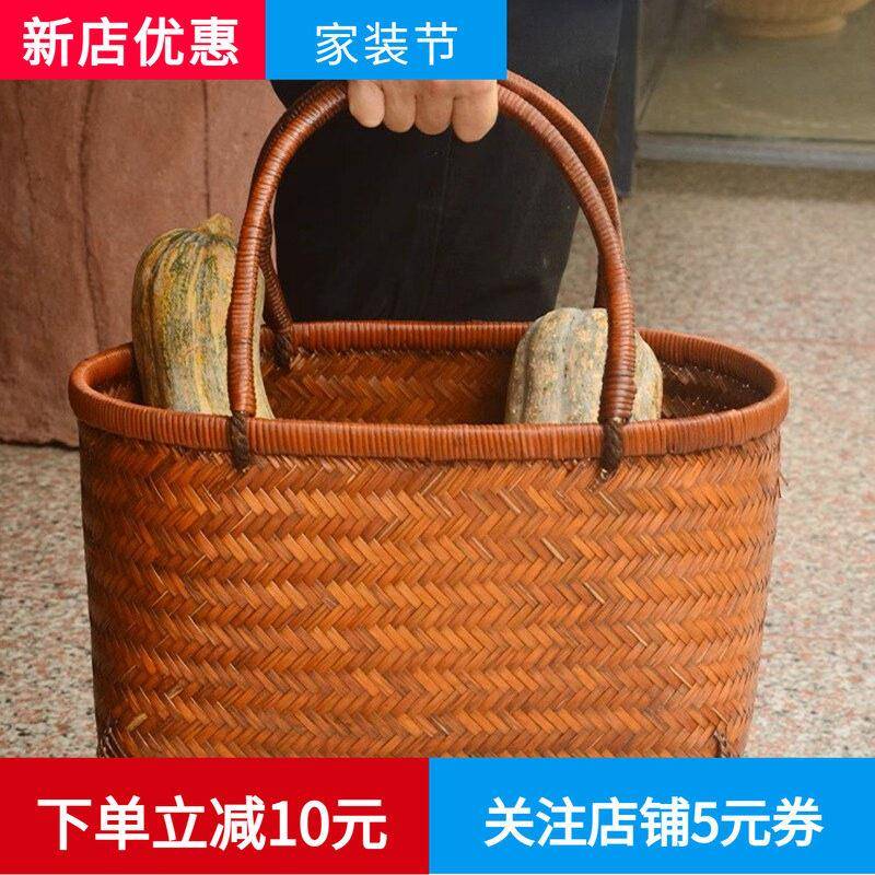 复古手提篮竹编买菜篮外出购物篮手工编织竹筐采摘篮影视道具摘菜