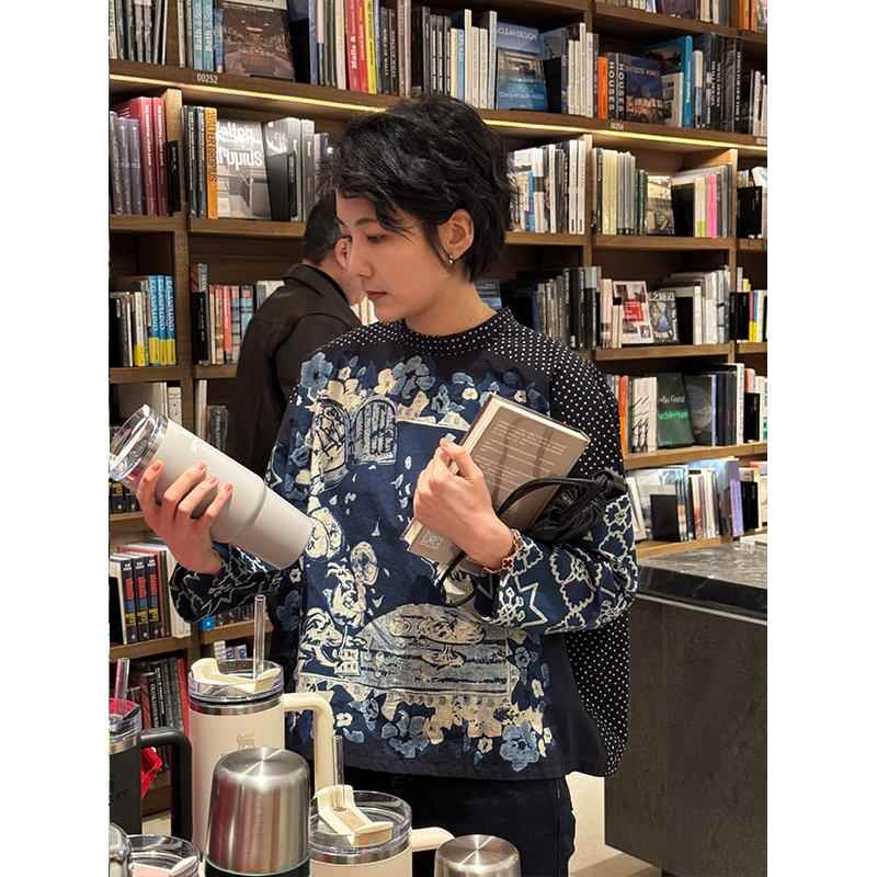 周浪清纯棉设计感圆领波点衬衫2025新款女款夏季印花上衣长袖衬衣