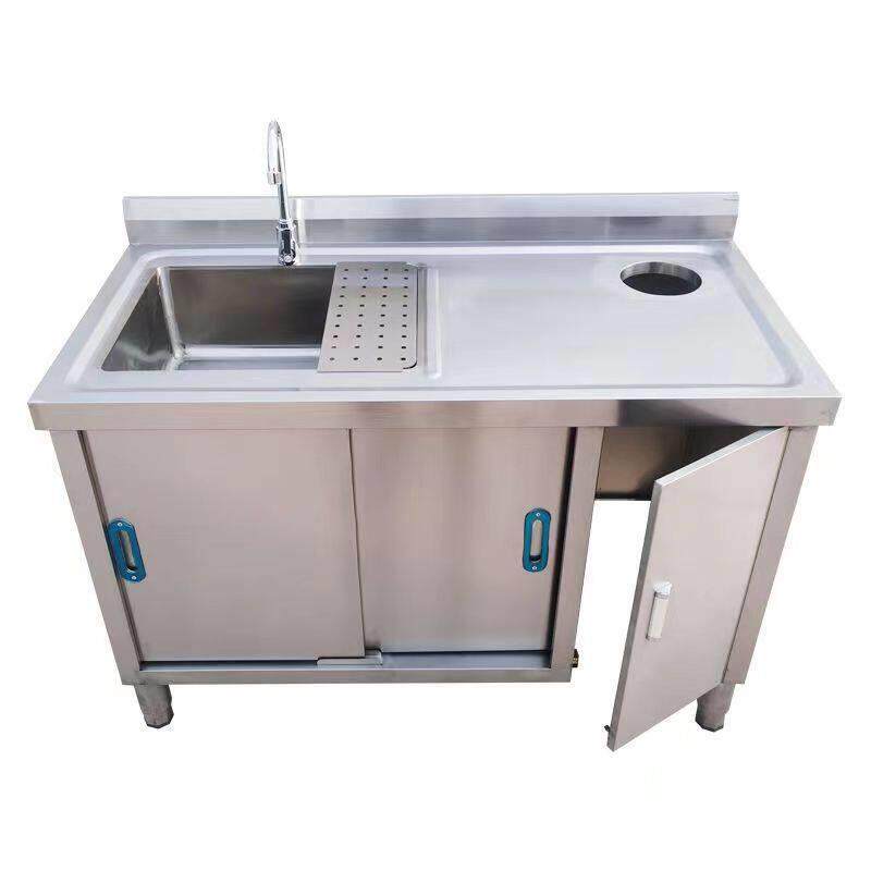 水果切台奶茶店杀鱼台小吃商用工作台带水池带垃圾孔拉门不锈钢