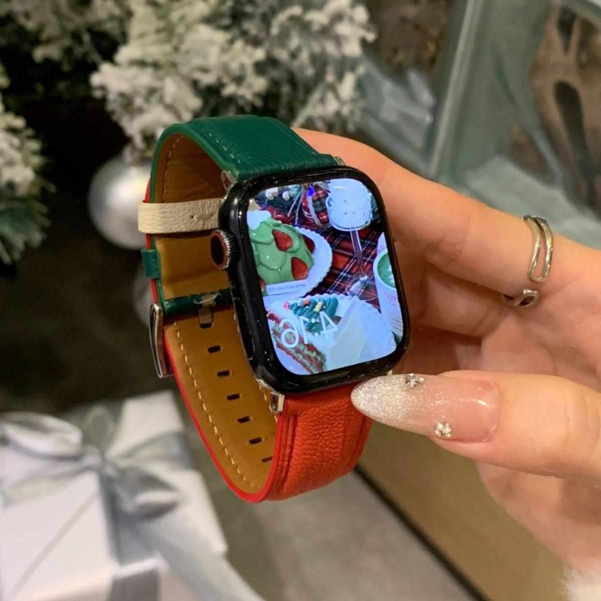适用于s9苹果手表applewatch8表带iwatch8SE圣诞款新年小羊皮表带