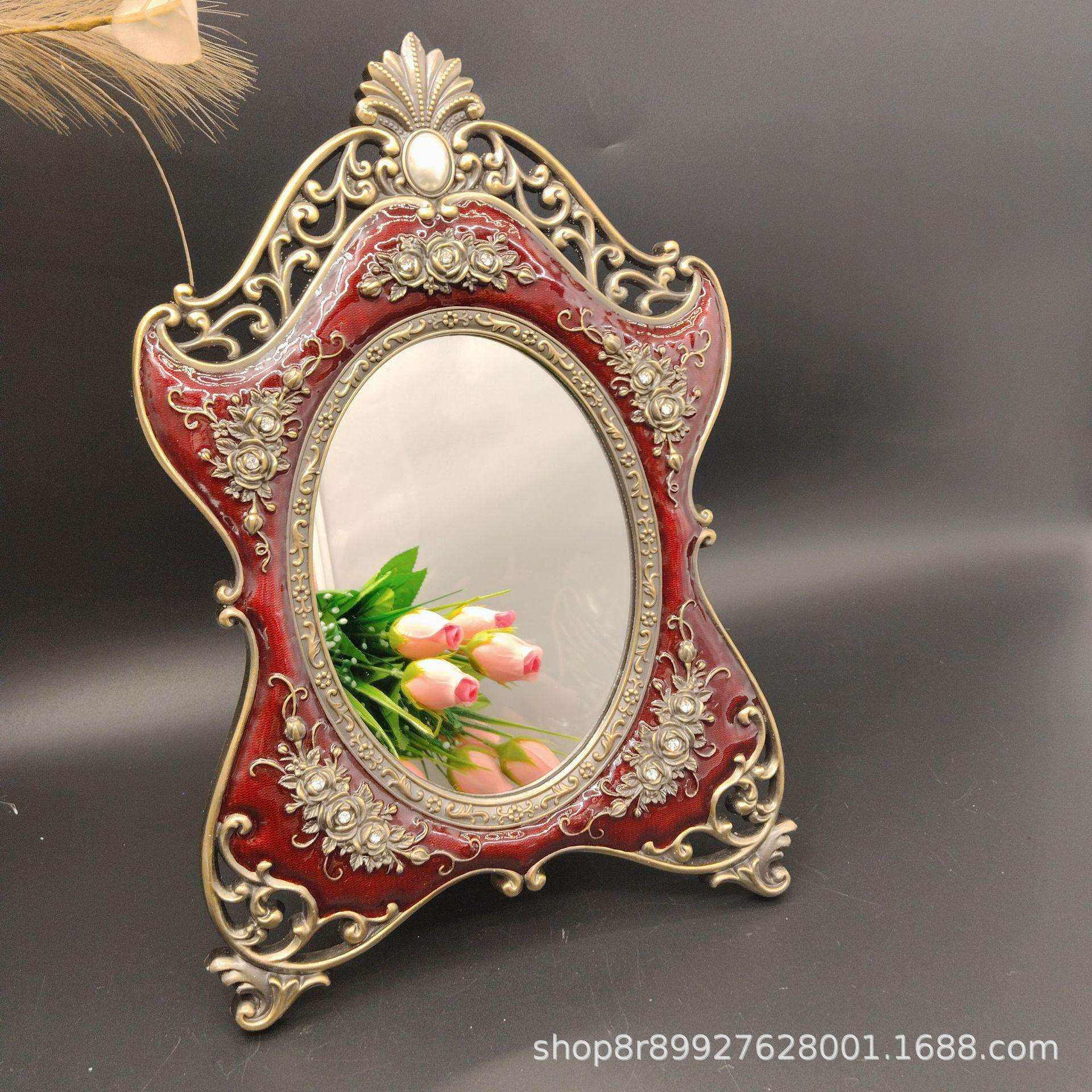 厂家源头欧式复古化妆镜梳妆镜田园金属台式梳妆镜复古双面梳妆镜