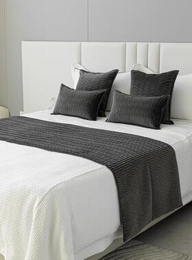 灰色绒面褶酒店床套件LEB现代品简约巾样板间床旗床尾民压宿抱枕