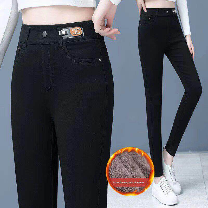 高档秋冬加绒加厚牛仔打底裤女高腰弹力黑色紧身小脚裤妈妈保暖裤
