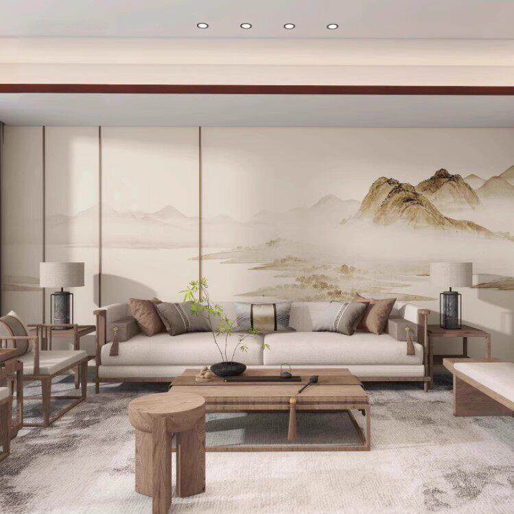 新中式电视背景墙碳晶板水墨山水画 画客厅沙发护墙板宋式美学集