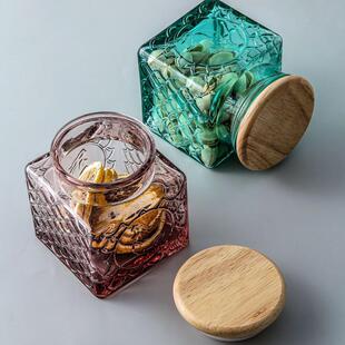 密封罐玻璃彩色复古浮雕竹盖带盖子茶叶调料罐子厨房杂粮储物收纳