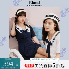 eland衣恋海军风连衣裙夏季款清新蝴蝶结裙子休闲度假