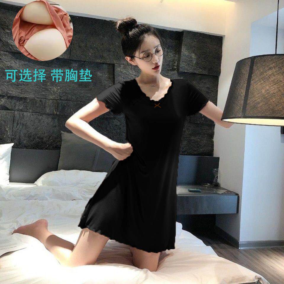 莫代尔睡裙女夏带胸垫纯色短袖短裙荷叶边薄款睡衣大尺码孕妇200