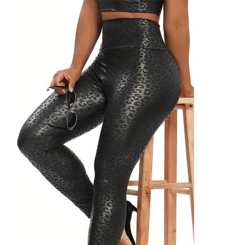 Women's High-Waisted Yoga Leggings - Glossy Leopard Print 7
