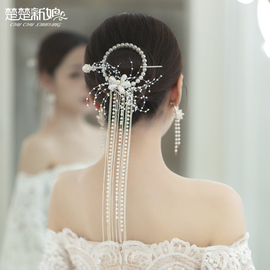 楚楚新娘韩式手工珍珠发圈发簪，头饰宴会礼服，后盘发造型流苏配饰品