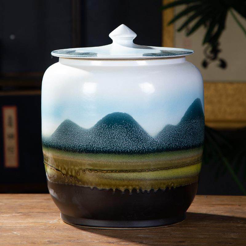 帛画新品景德镇陶瓷米缸传统工艺储存小瓷缸简约厨房窑变釉山水米