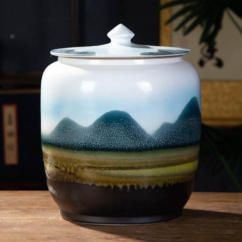帛画新品景德镇陶瓷米缸传统工艺储存小瓷缸简约厨房窑变釉山水米