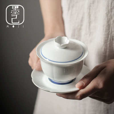 墨己 青花手绘三才盖碗莲花陶瓷手抓泡茶碗花型莲瓣纹敬大号茶碗