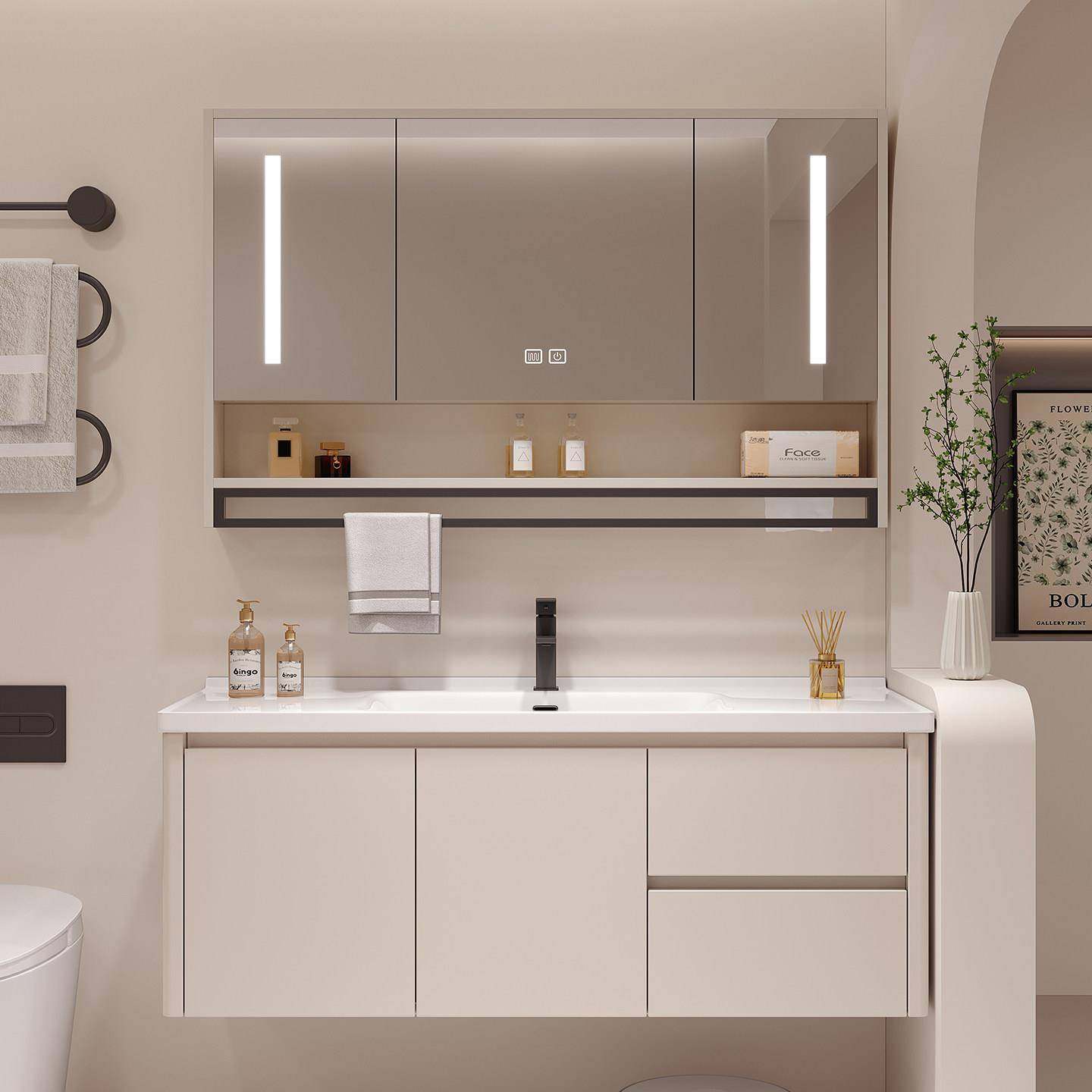 简约现代奶油风圆角智能浴室柜组合卫生间洗手盆洗漱台陶瓷一体盆,家装主材,浴室柜组合,淘宝优惠券,粉丝福利购,淘宝优惠卷