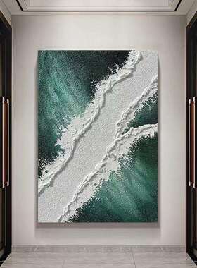 纯手绘抽象立体肌理装饰画玄关竖款大型油画绿色高端现代挂画